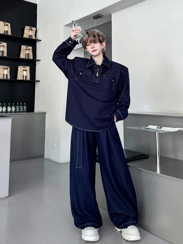 

American High Street Retro Denim Design Sense Overhead irt Wide Leg Pants Set Matching Autumn Faion Casual Teen Boys