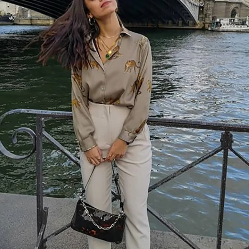 Damska koszula z długim rękawem, zapinana na guziki, z nadrukiem, z jedwabistej tkaniny, o luźnym kroju, stylowa i elegancka.