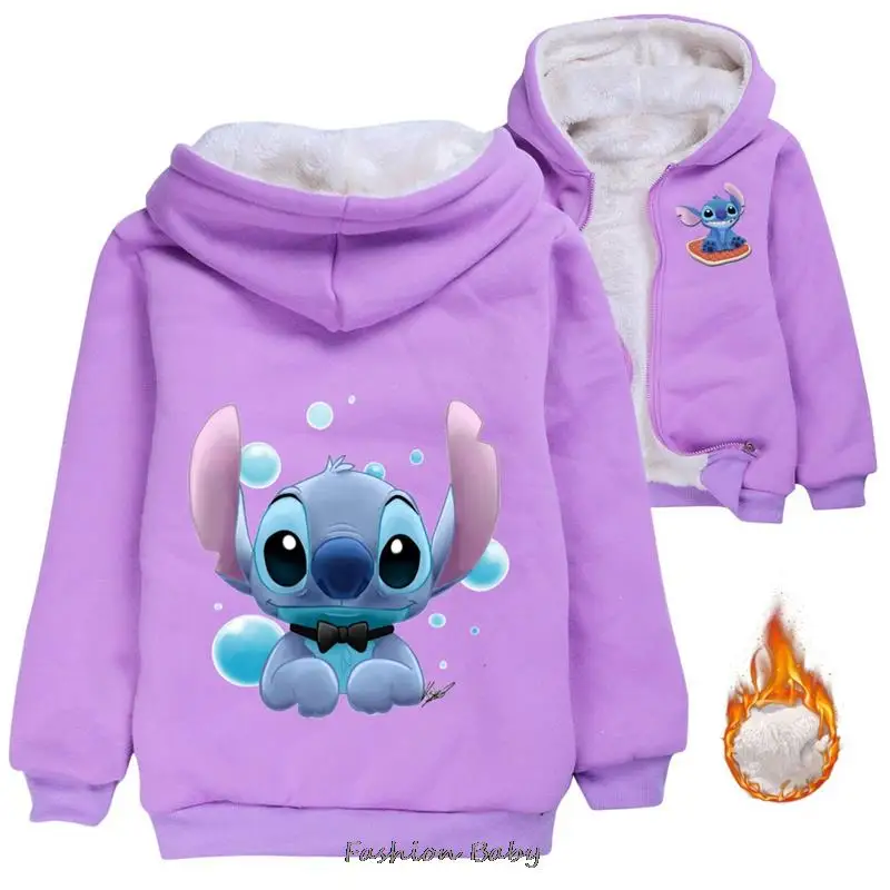 Disney Stitch New Children Coat Baby Hoodies Collar Thicken Warm Jacket Girls Cartoon Overcoat Winter Kids Girls Casual Outwear