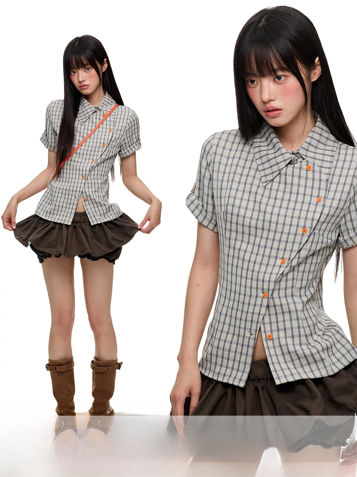 

JIKOO Orange Caramel Sle Women's Slim Fit irt ort Sve Waist Cinched Miu Series Top Original Design Polyester Blend