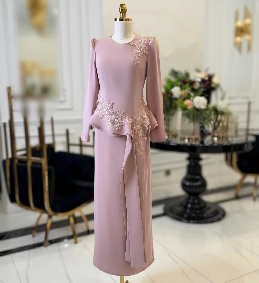 

Customized Classic Wedding Party Dress Glitter Applique O-Neck Straight Midi Dresses High Quality Long Sleeves Evening Dress