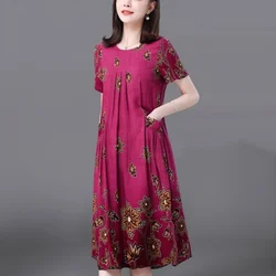 Vintage Women Chic Floral Dress Spring Summer Korean Fashion Female Big Size Loose Short Sleeve Printing Casual Midi Y2k Robe