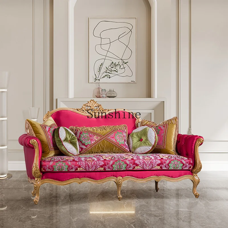 

French fabric sofa solid wood carving flower high-end court, furniture retro style