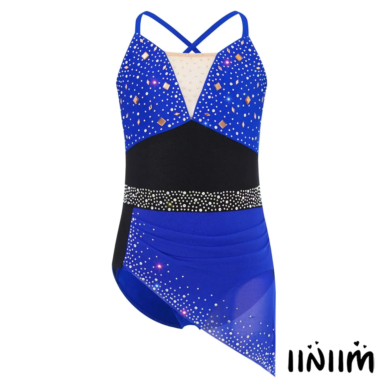 

Kids Girls Figure Skating Performance Dance Outfit Spaghetti Straps Shiny Rhinestones Dress Latin Ballroom Lyrical Dance Dresses