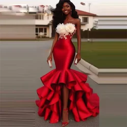 Red Tiered Satin Skirt High Waist Mermaid Lady High Low Trumpet Skirt Formal Wear Zipper Waist Girls Birthday Party Skirt