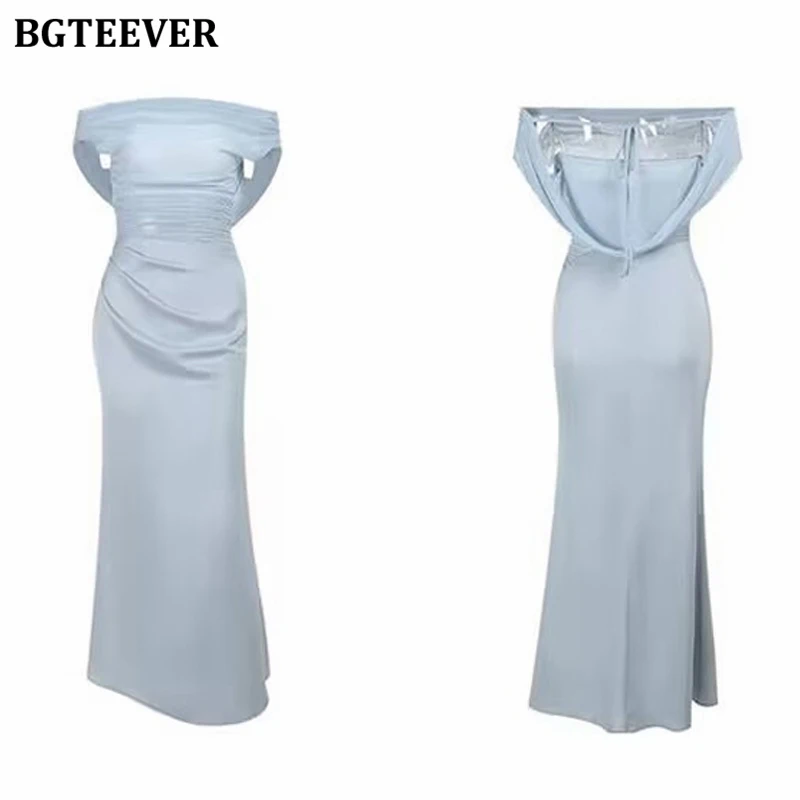 BGTEEVER スタイリッシュでシックなレディーススラッシュネックレースアップスキニードレスエレガントな夏スリムウエスト女性ノースリーブパッケージヒップサテンドレス