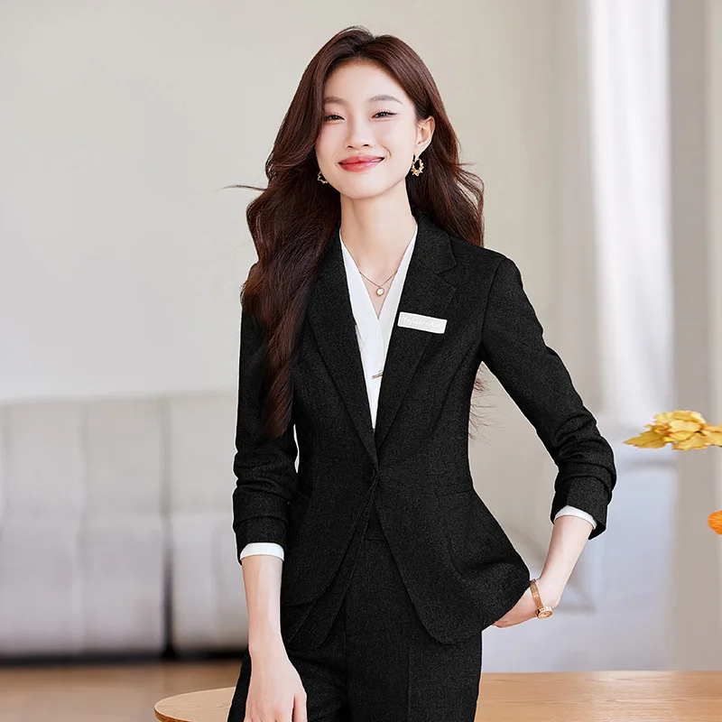 Szary komplet garniturów dla kobiet Profesjonalny sklep jubilerski Recepcja obsługi klienta Uniform roboczy Formalna elegancka marynarka