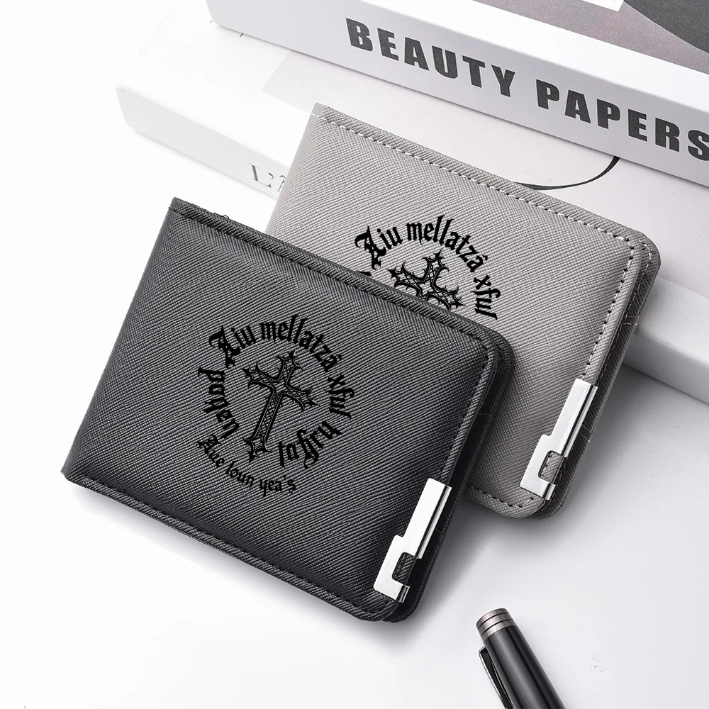 Men's Double-Fold Wallet With Cross-Letter Printed PU Leather Short Card Holder For Fashionable And Casual Use