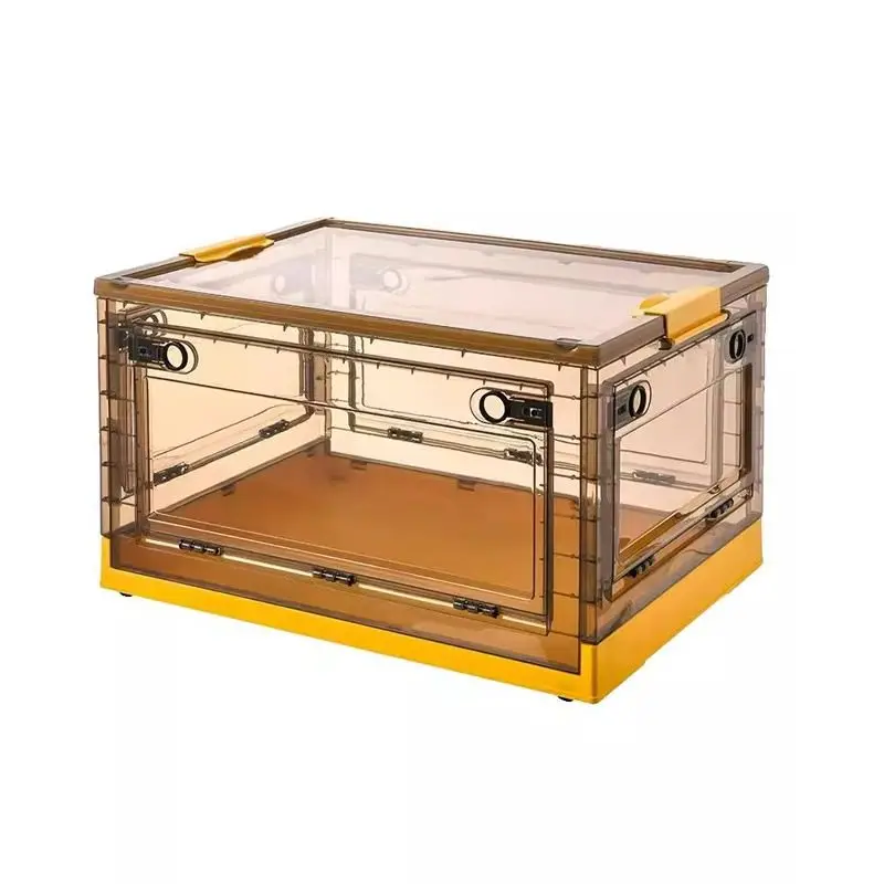 Foldable Storage Box with Lid, Clear Amber Plastic Stackable Storage Bin with Front Opening Door, Collapsible Organizer