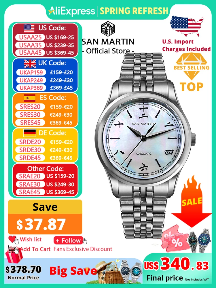 

San Martin New 39mm Gada Watch MOP Sparkle Dial Chinese Style Original Design Miyota 90S5 Men Dress Automatic Mechanical SN0144