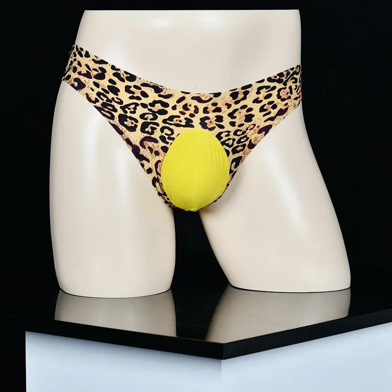 Men's Ice Silk T-Back Briefs Ball Pouch Sexy Leopard Geometric Print Men's Thong Seamless Breathable Male Sissy Panties