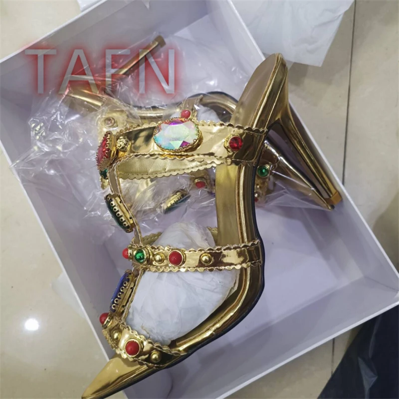 

Gold Metallic Leather Sandals Ladies Open Pointy Toe Slip-on High Heel Slippers Multicolor Crystal Decor Mules Party Dress Shoes