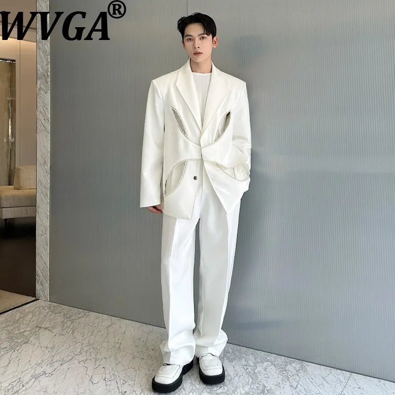 

WVGA Spring Autumn New Men Tide Pearl Inlaid Hollow Design Blazer Niche Chic Casual Straight Suit Pants Two-Piece Set Ins W16218
