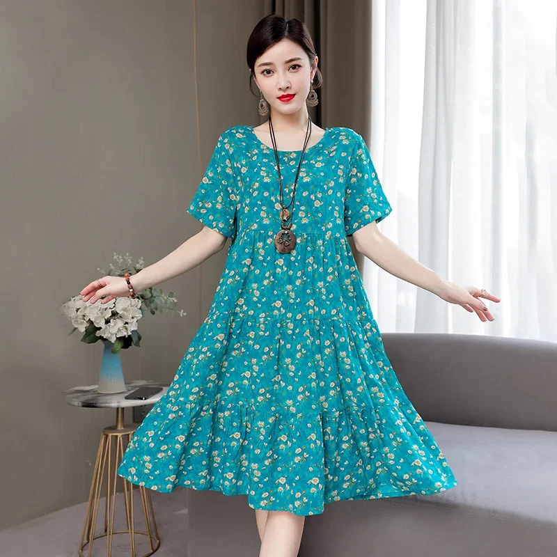 Loose Midi Dress Women Vintage Print Korean Elegan Boho Floral Dresses Summer O-Neck Womens Casual Sundress