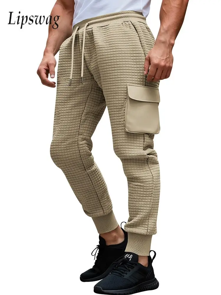 

Spring Casual Mens Cargo Pants Streetwear Fashion Waffle Plaid Textured Trousers Men Stylish Solid Color Drawstring Sweatpants
