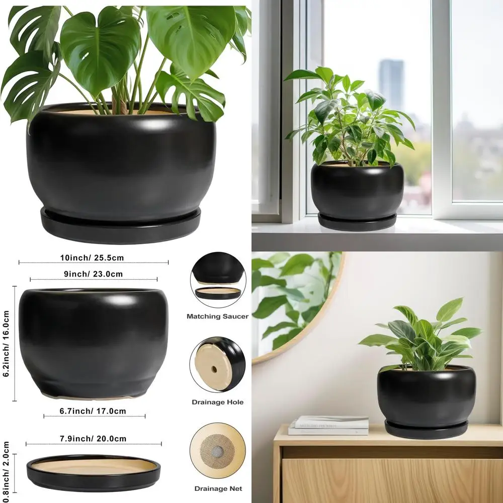 

Декоративное круглое кашпо 10 дюймов с дренажем и поддоном - идеально для использования в помещении и на улице, идеально для любителей растений, черное