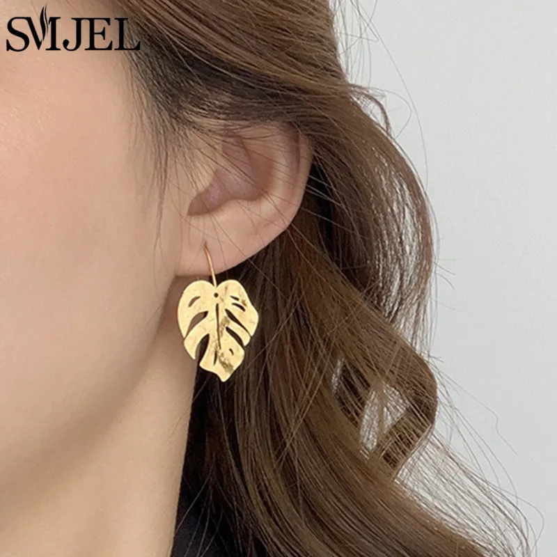 SMJEL Vintage Metal Big Leaf Earrings for Women Summer Monstera Jewelry Fashion Palm Leaves Earings Statement Piercing Brincos