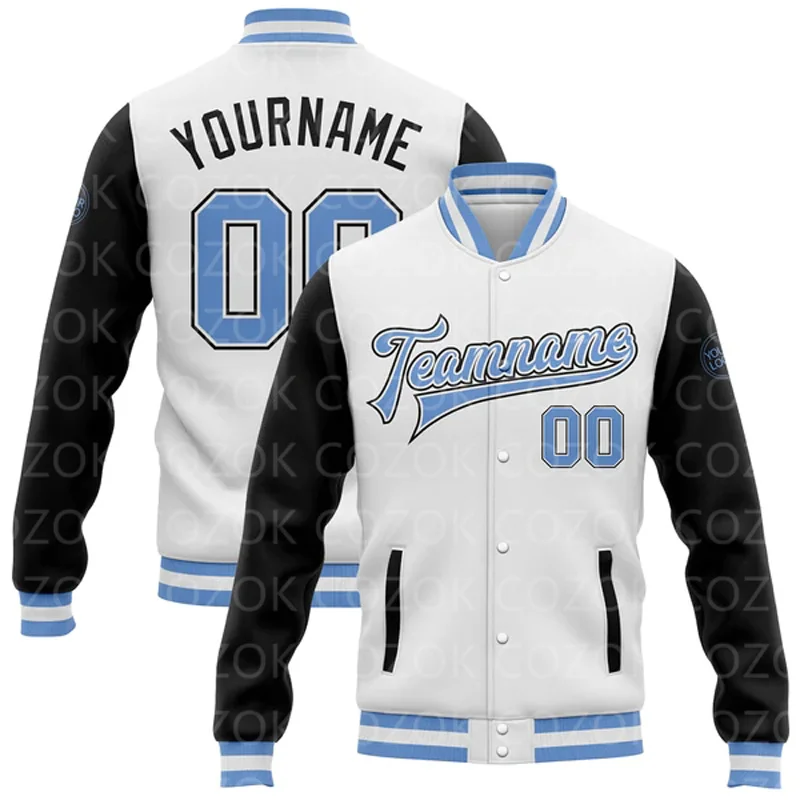 

Custom White 3D Printed Raglan Sleeve Baseball Button Jacket Bomber Full-Snap Varsity Letterman Jacket