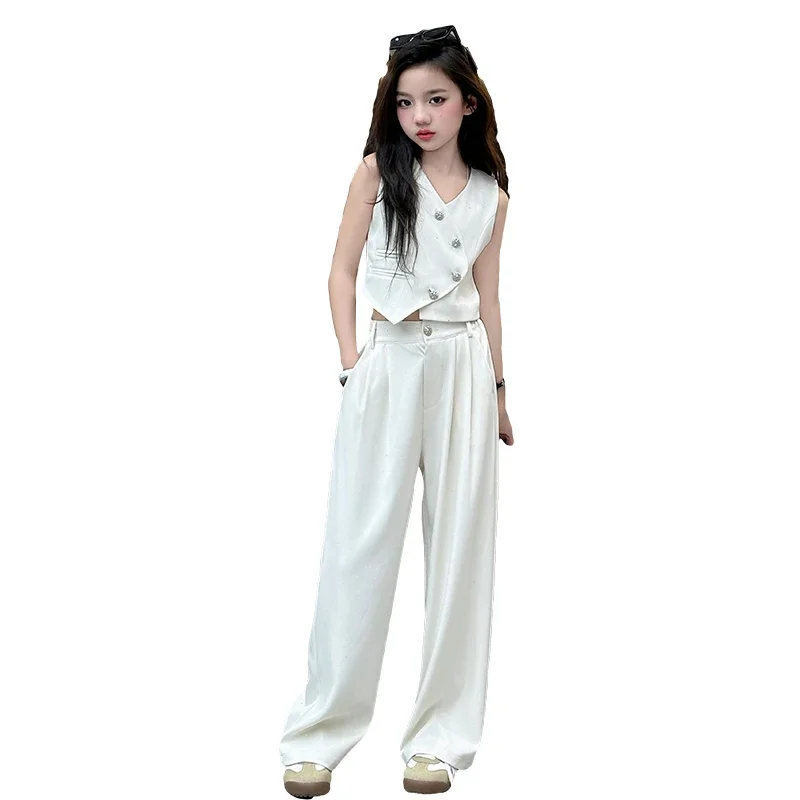 

2025 Summer Girls Asymmetric Sleeveless Blazer Suit Teenager Two-Piece Set Formal Tops with Pants Fashionable Kids Occasion Wear