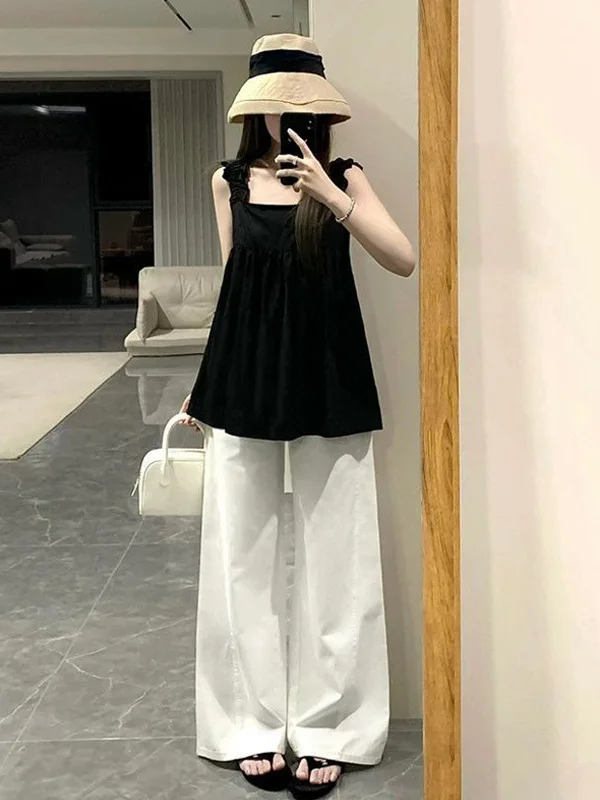 

Elegant High Waist Wide Leg Pants Women's Sleeveless Top Bottoms Set Fashionable Two-Piece Suit Summer 2025 New Arrival