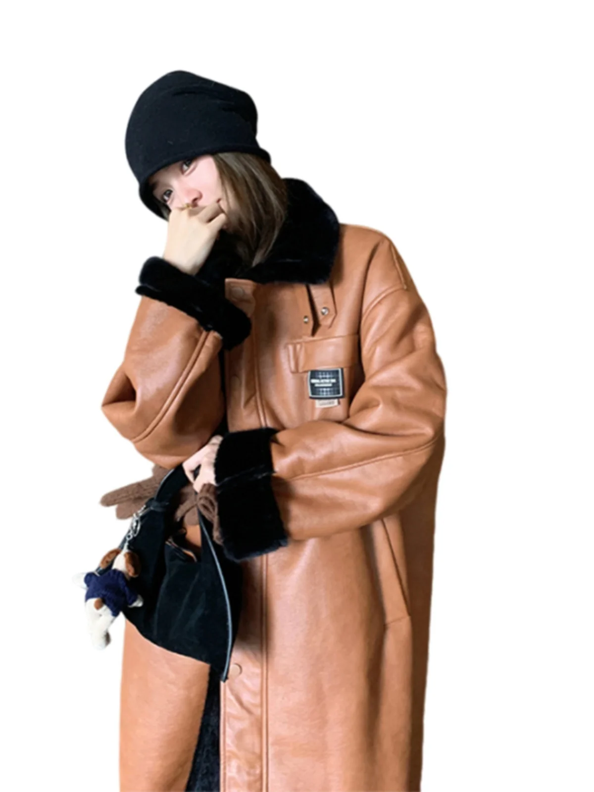 Brown Lamb Fur Jaet Women's Mid-Length Autumn Winter Thiened Fce Lined Leather Fur Inteated ular Coat