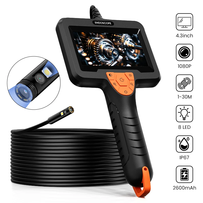 Handheld Endoscope Single Dual Camera 4.3'' IPS Screen Car Inspection Borescope 8mm Probe Waterproof Snake Plumbing Camera 8LEDs