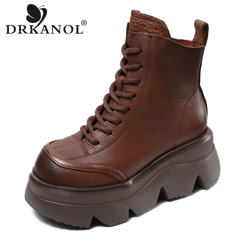 DRKANOL Autumn Winter 7cm Wedges Women Boots Quality Handmade Retro Genuine Cow Leather Platform Casual Height Increasing Boots