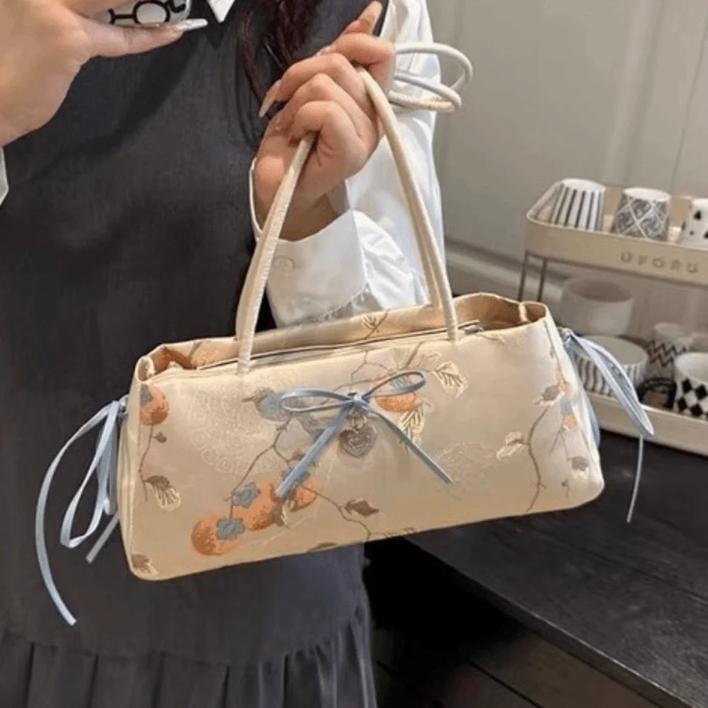 

Fashion Flower French Stick Handbag Cloth Chinese Style Bow Shoulder Bag Large Capacity Texture Underarm Bags School