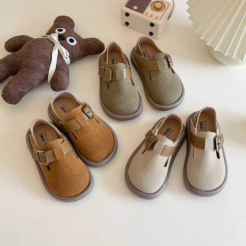 Mocassins de toe redondo infantil, sapato infantil casual, fivela, versátil, respirador, estilo britânico, sapato de couro, novo, moda, 2020