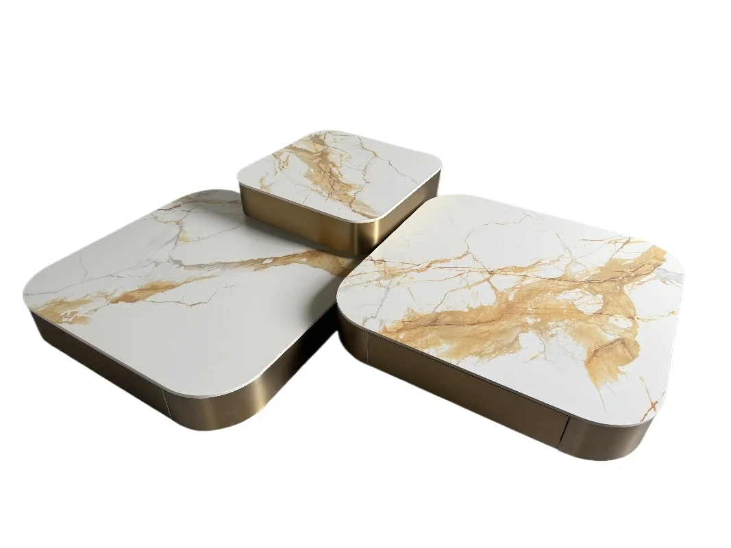 Luxury modern stone removable storage nested coffee table set (2-piece set) metal material, suitable for living rooms, hotels