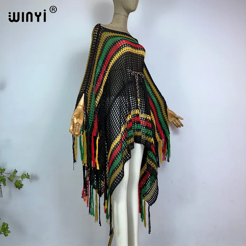 WINYI new summer Rainbow printed openwork sexy beach knit tassels dress Bikini Cover-up Women Beachwear Swimsuit Cover Up dress