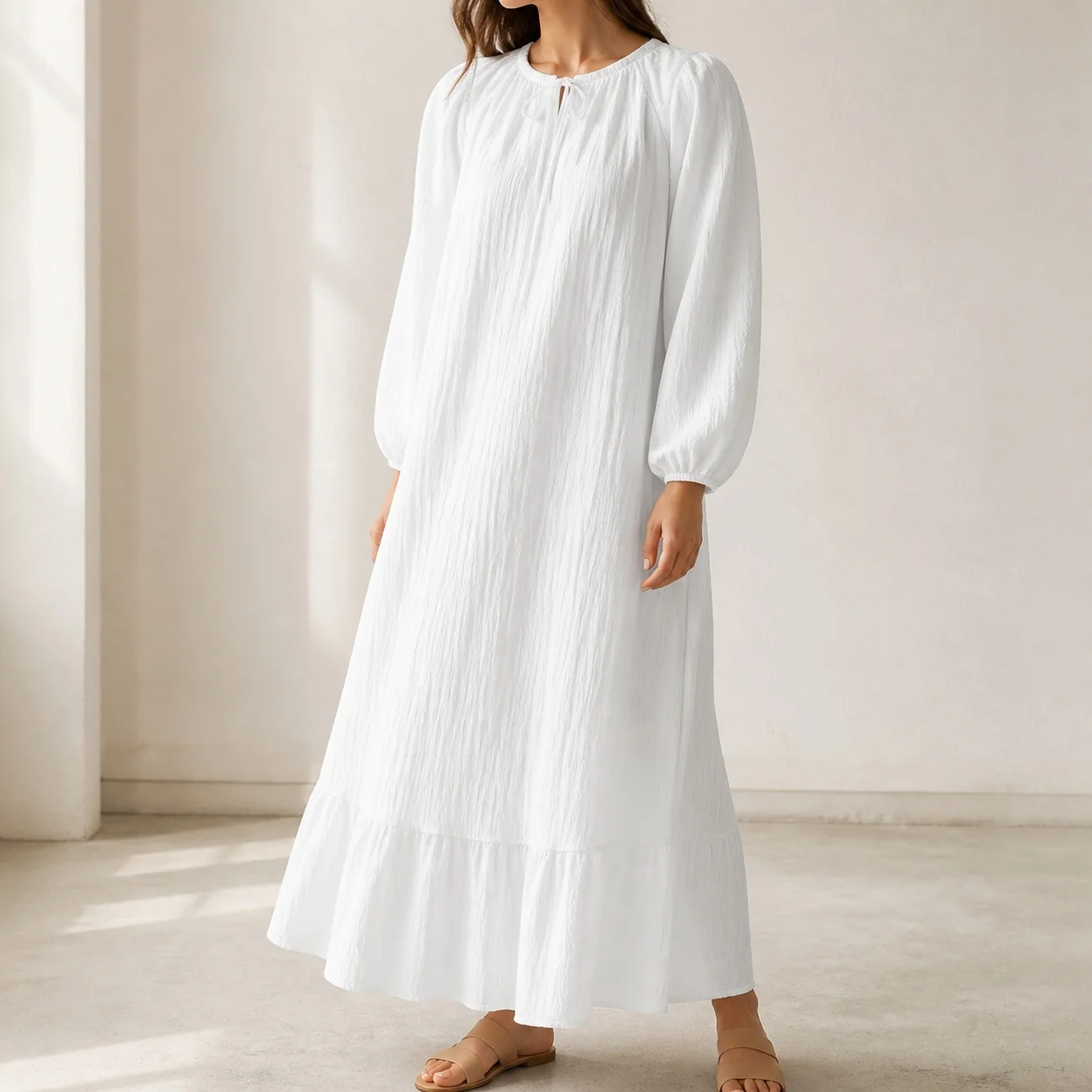 Women's Muslim Abaya Dress: Round Neck Puff Sleeve Ruffle A-Line Loose Fit Solid Color Pullover for Hijab-Wearing Women Modest