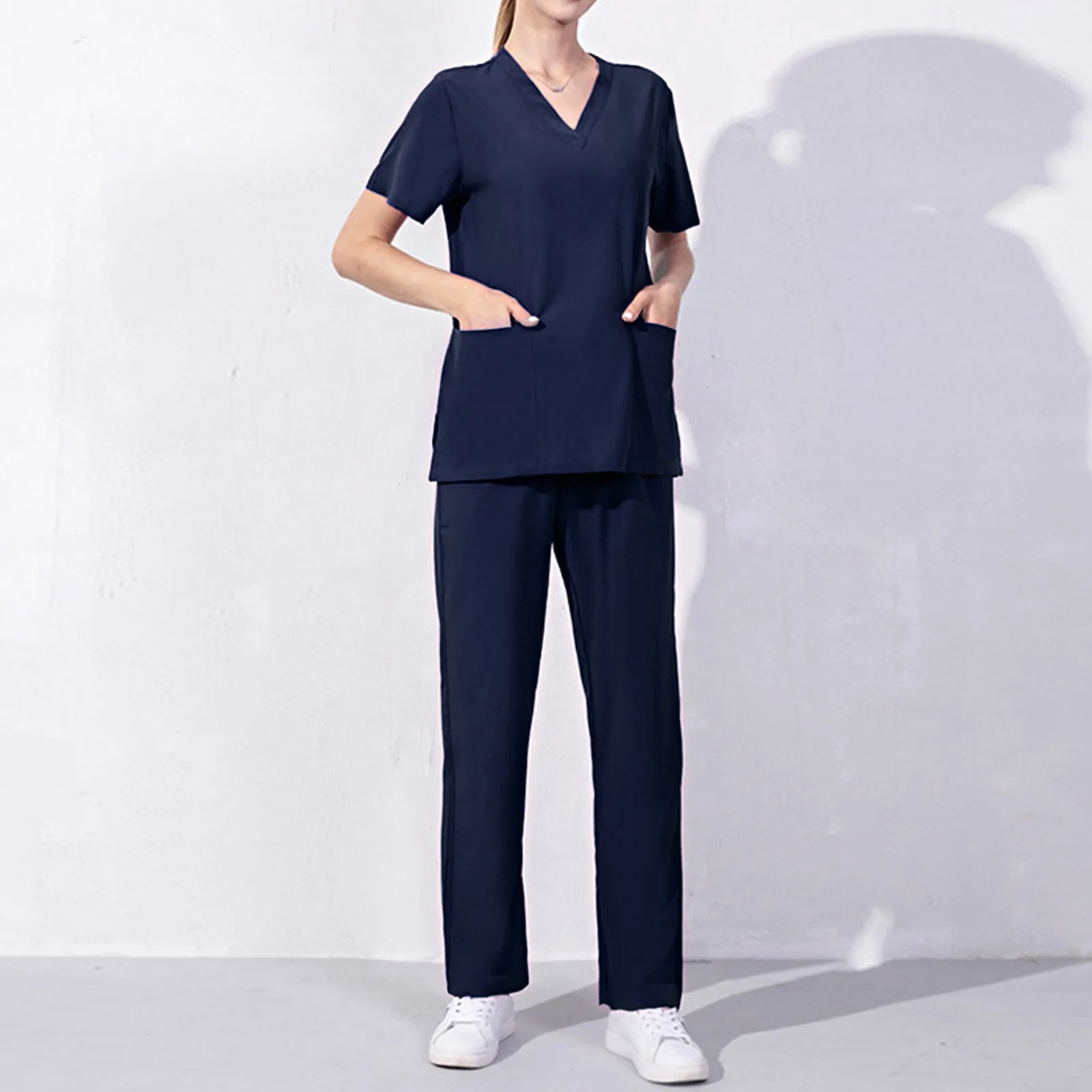 Multipocket Nursing Care Short Sleeve T-Shirt Nurse Uniform Working Clothes  For Women Basic V-Neck Casual Tee Long Pants Set