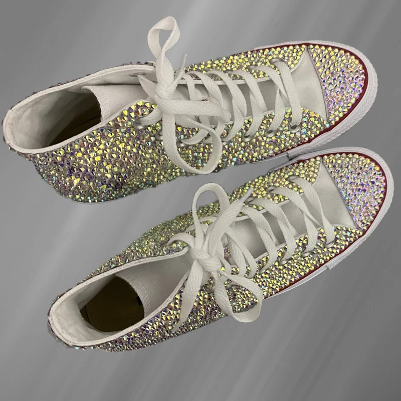 White diamond full banquet party wedding canvas shoes handmade custom large size high top lace-up sports women\'s shoes 35-44