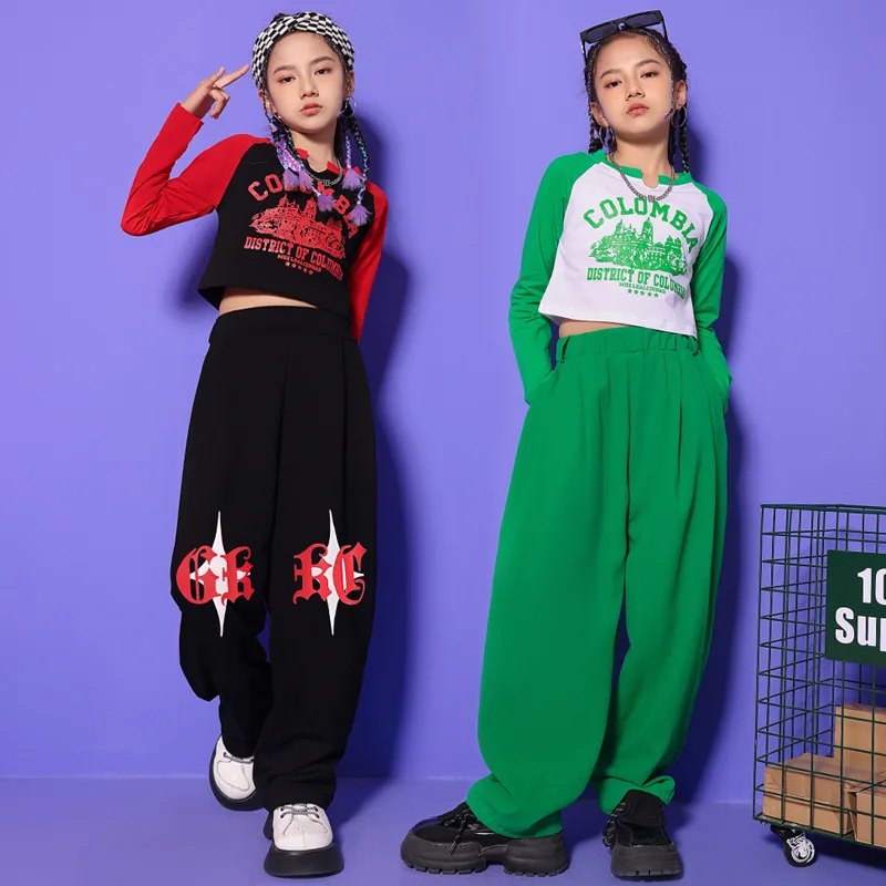 Kid Hip Hop Clothing Crop Top Long Sleeve T Shirt Black Loose Casual Streetwear Sweat Pants for Girls Jazz Dance Costume Clothes