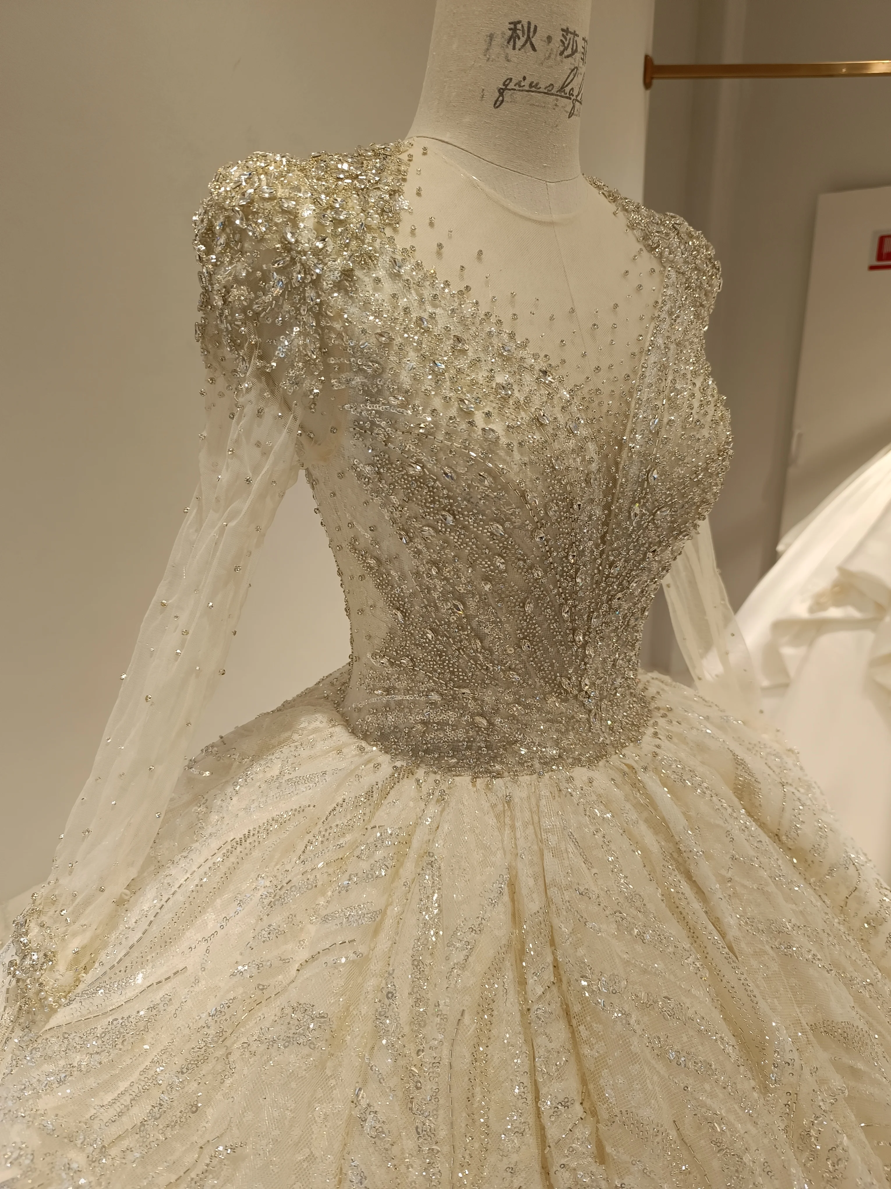 Vestido De Noiva De Manga Longa, Vestido De Baile, Strass De Cristal, Tule De Brilho