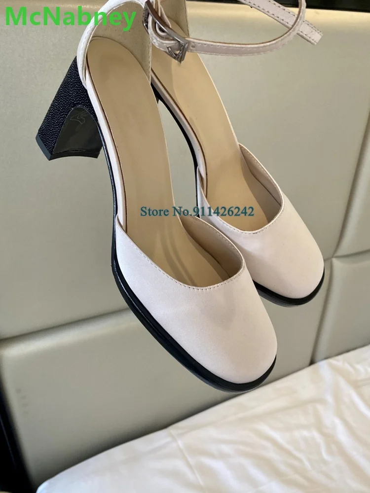 2024 New Silk Satin Fabric Round Toe Pumps Luxury Designer For Female Women Square Heel Ankle Strap Elegant Solid Fashion Shoes