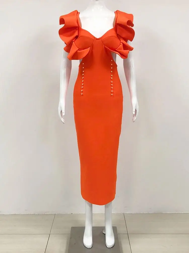 New INS Women 2024 Fashion Sexy Cut Out Orange Midi Bandage Bodycon Dress Knit Celebrity Prom Costume Evening Party Dress