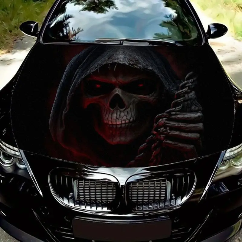 

Death skull front sticker, damaged dark hood with red eyes, metal chain decoration, pure black background design, weird
