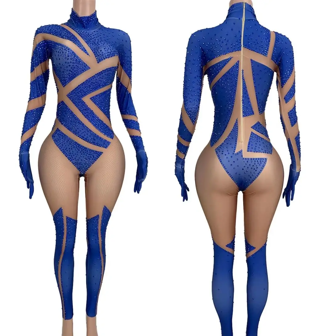 

Women Tight-Fitting Sexy Jumpsuit Spandex Sparkly Rhinestone Applique Unitard for Showgirl Cabaret Festival Party Outfit Jimu