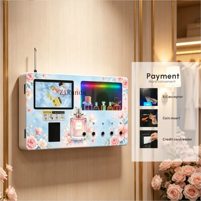 A mais recente máquina de venda automática de perfumes pequena e montada na parede está equipada com tela sensível ao toque.