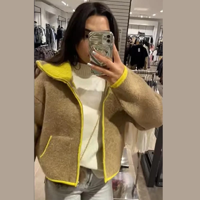 2025 أنثى موضة صوف الضأن معطف قصير شيك اللون حظر بأكمام طويلة التلبيب سترات دافئة الخريف جديد سيدة ركاب ملابس خارجية