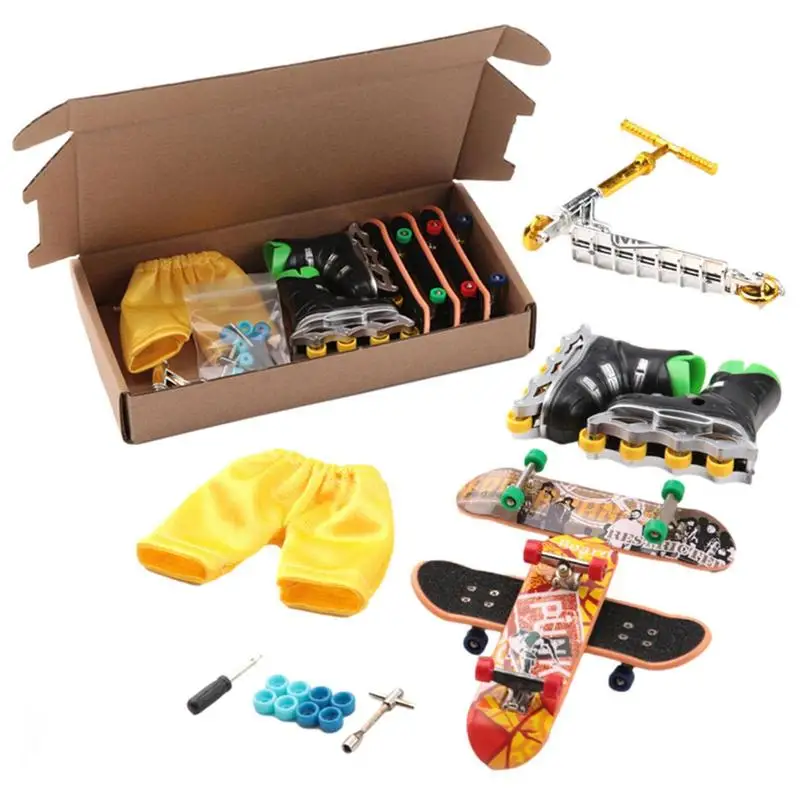 Children's Finger Skateboard Set Small Scooter/Finger Skateboard/Casual Pants/Roller Skates Set for Kids Beginners Birthday Gift