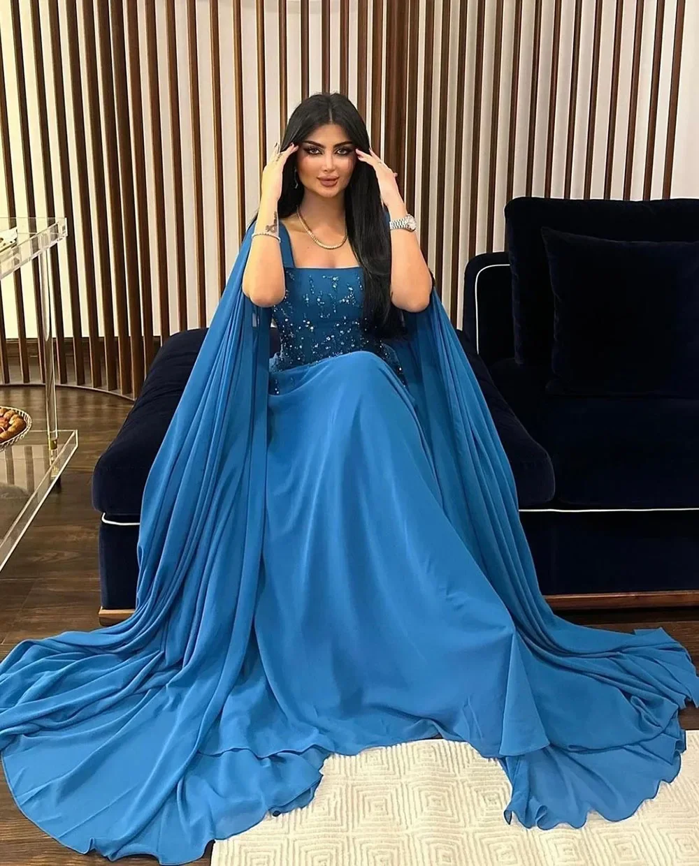 Customized Elegant Saudi Arabic Women Evening Dresses Crystal Party Dress With Shawl Prom Gowns Formal Occasion Dress Retro Exq