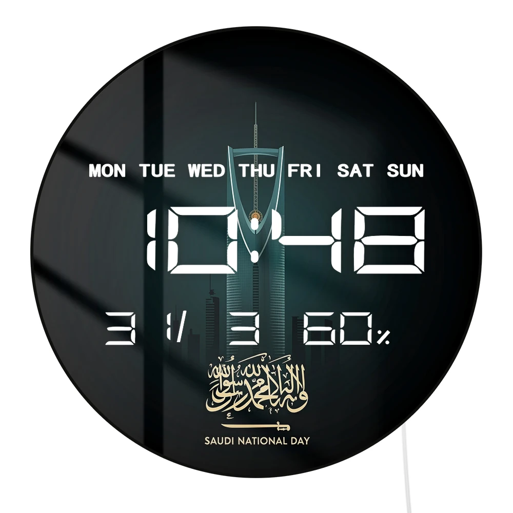 Saudi National Day Calligraphy LED Digital Wall Clock with Timer Date Temperature Display Saudi Skyscraper Electric Wall Clock