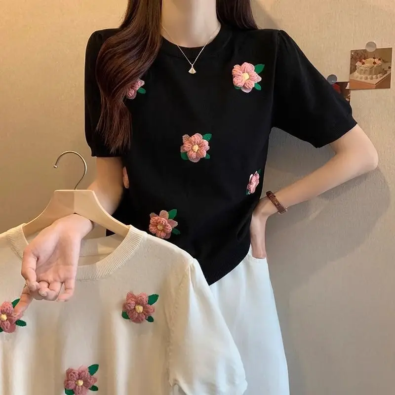 

Gentle Style Crew Neck Flower Knitted Short-sleeved T-shirt 2024 Summer New Chic Age-reducing Women's Versatile Ins Top