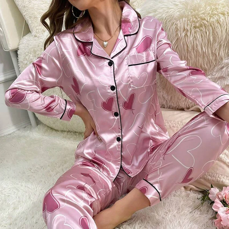 Satin Heart Print Pajama Set Autumn Long Sleeve Lapel Top with Pocket Elastic Waistband Pants for Women Sleepwear Home Clothing