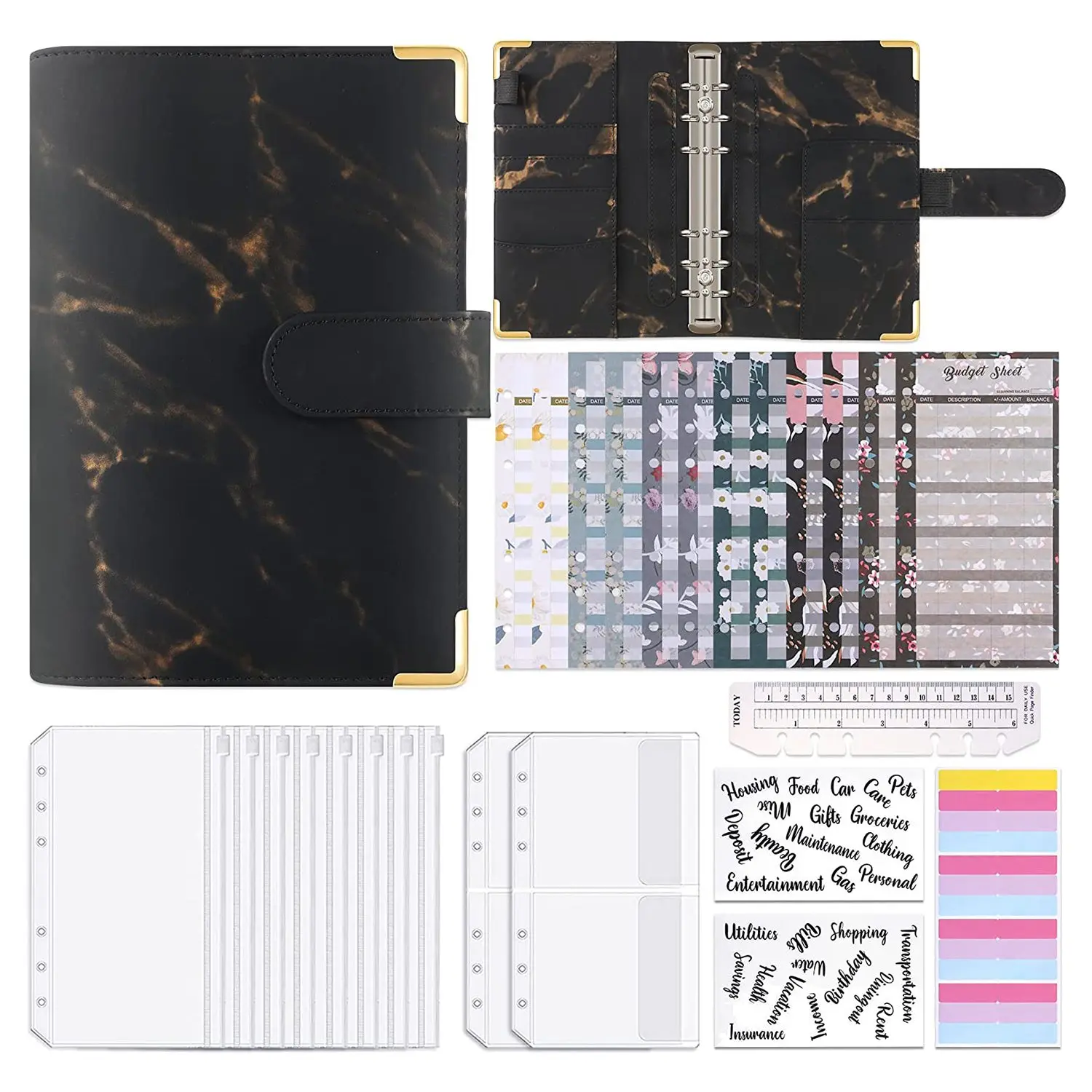 

AED6-A6 PU Leather Budget Binder Money Saving Binder With Zipper Envelopes Money Organizer Planner For Cash Ledger Notebook