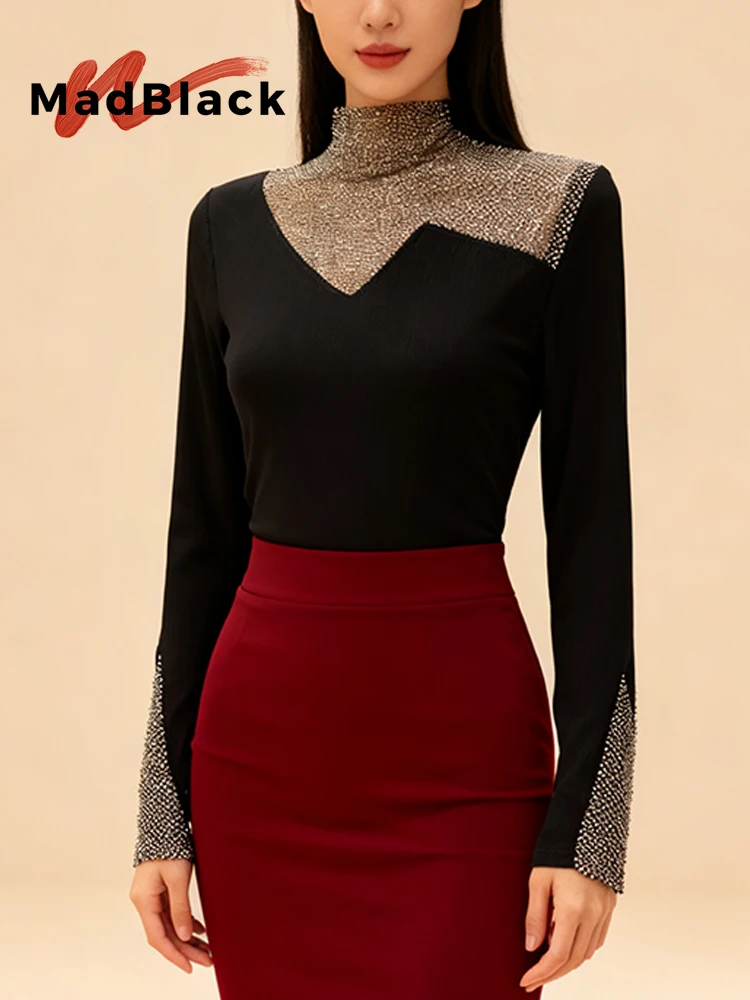 MadBlack-Mulher Europeia Escovada Camiseta, Sexy Mock Neck Diamond, Streetwear Manga Longa Slim S-3XL Tee, 2025 Inverno Novo T5D243CC