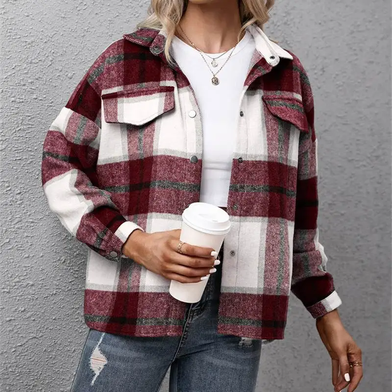 

Women's Plaid Casual irt Jaet Coat Autumn Faion Ladies ort Outerwear Other Material 00%